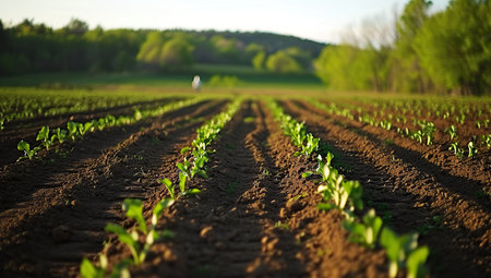Field of young sprouts against a forest background. Concept of agriculture and spring growth.の素材