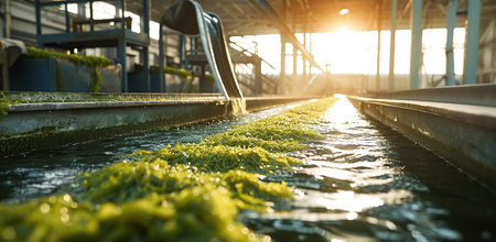 Algae in aquaculture farm under sunlight. Sustainable aquafarming concept.の素材