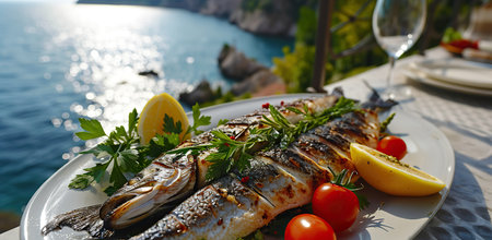Grilled fish on a plate with lemon and tomatoes on a table overlooking the sea. Mediterranean cuisine concept.の素材