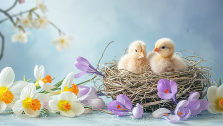 Chicks in a nest among spring flowers. Concept of new life and innocence.の素材