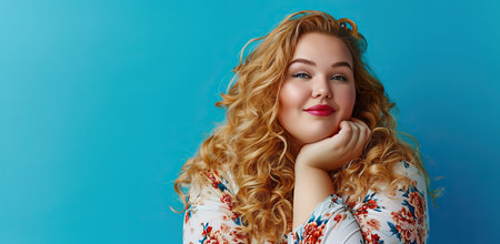 Young woman with curly hair on blue background. Concept of youth and beauty.の素材