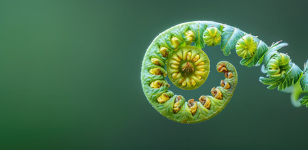 Fern spiral on a dark green background. Concept of natural growth and development.の素材