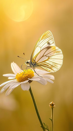 Butterfly on a daisy against evening light. Concept of beauty and nature.の素材