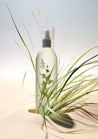 A bottle with green liquid and a plant inside, surrounded by green grasses on the sand.の素材