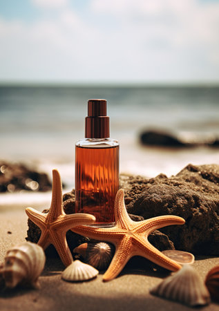 A bottle of perfume on the sand with starfish and seashells against the sea backdrop.の素材