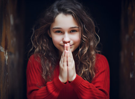 A young girl with curly brown hair in a red sweater, putting her hands together in front of her face.の素材