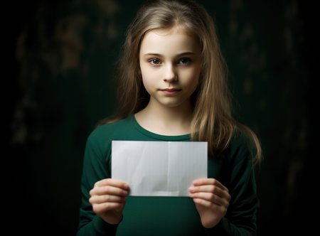 A young girl with blond long hair holding an empty sheet of paper.の素材