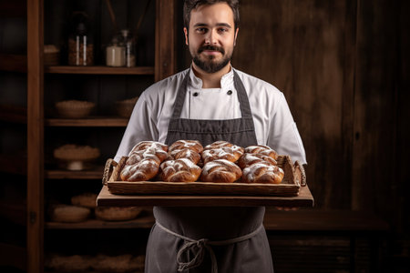 An adult Caucasian baker in professional attire is holding a tray of golden fluffy buns in a bakery.の素材