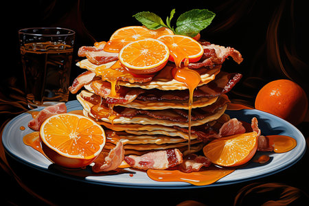 an appetizing stack of pancakes with pieces of bacon between the layers, generously doused in maple syrup, and decorated with orange slices and mint.の素材