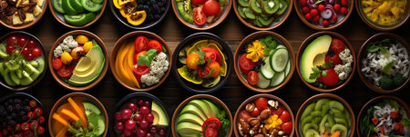 An image of various dishes with fruits and vegetables served in ceramic bowls on a wooden background.の素材