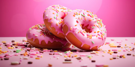 Bright pink donuts with multicolored sprinkles on a pink background.の素材
