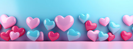 Rows of glossy pink, blue, and red hearts against a light blue background.の素材