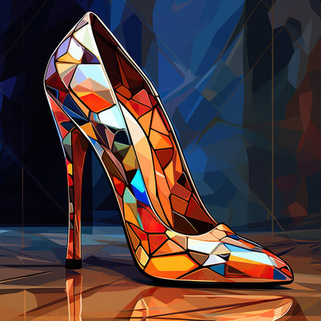A bright women's high-heeled shoe with a multicolored mosaic pattern against an abstract blue background.の素材