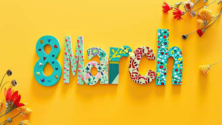 Lettering of 8 March on a yellow background with floral elements and spring branches. The concept of International Women's Dayの素材