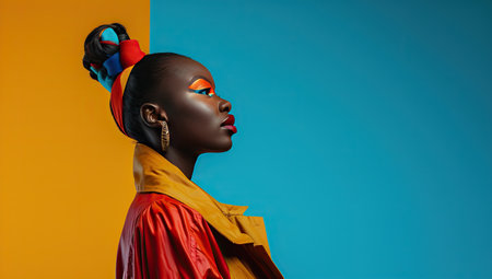 African American woman on blue-yellow background, vivid lookの素材