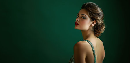 Elegant woman in evening attire on green background.の素材