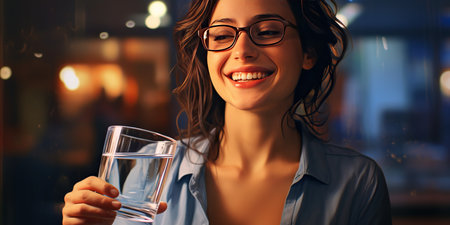 A happy young adult brunette with glasses smiling while holding a glass of water against the blurred lights of an urban evening.の素材