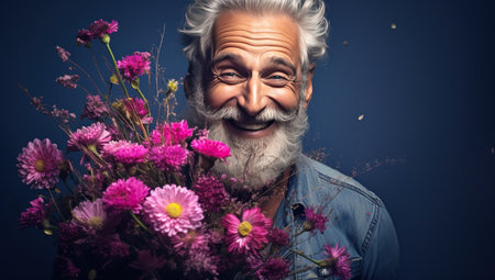 An elderly Caucasian American man with a long white beard smiles joyfully, holding a bouquet of bright pink flowers.の素材