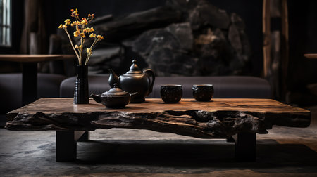 Elegantly set tea table with a black teapot, cups, and tray on a solid wooden table against a dark interior backdrop.の素材