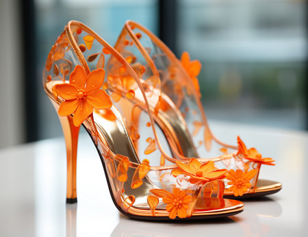 Transparent high-heeled shoes with orange floral embellishments are located in a modern interior setting.の素材