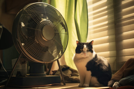 A young black-and-white cat sits beside a fan in a room with green curtains in the sunlight.の素材