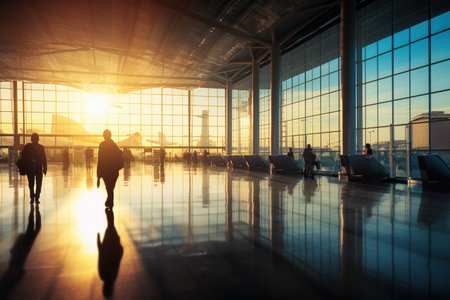 People of various ages and appearances hurry through a bright airport hall bathed in the reflections of the morning sun, mirrored in glass walls and the glaming floor.の素材