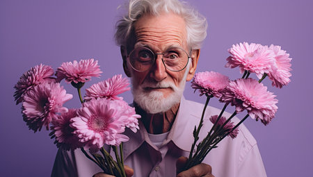 An elderly Caucasian man with long white hair and a beard is smiling while holding bouquets of pink gerberas against a purple background.の素材