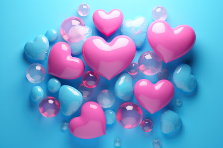 A collection of multicolored hearts in varying shades of pink and blue with different levels of transparency, clustered together against a solid blue background.の素材