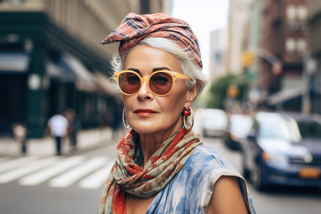 An elegant elderly Caucasian woman with blonde hair poses on a city street stylish wearing glasses and headwear.の素材