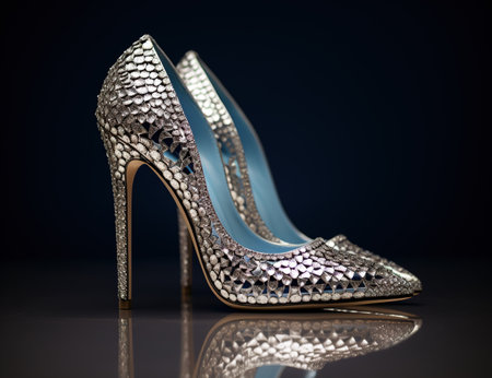 A pair of sparkling silver high-heeled shoes with reflection on a dark background.の素材
