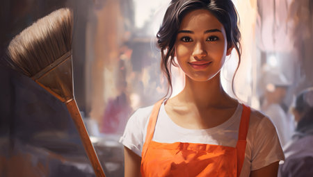 A young Asian girl with long hair in a white T-shirt and an orange apron, holding a paint brush, standing half-turned against the background of blurry urban scenes.の素材