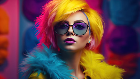 Adult Caucasian woman with vivid yellow and pink hair, wearing large black glasses and a fluffy multicolored collar.の素材