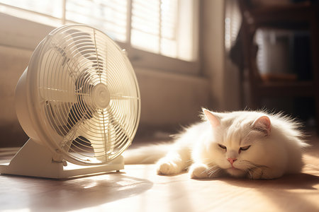 A fluffy white long-haired cat is lying next to a running table fan in a sunny room with wooden flooring.の素材