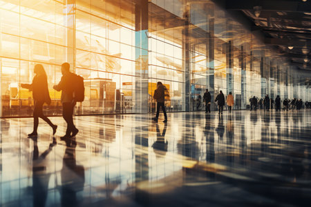 People of various ages and appearances hurry through a bright airport hall bathed in the reflections of the morning sun, mirrored in glass walls and the glaming floor.の素材