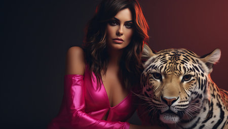 A young Caucasian woman with medium-length brunette hair in a pink satin dress poses next to a tiger, conveying a strong and confident demeanor against a dark background.の素材
