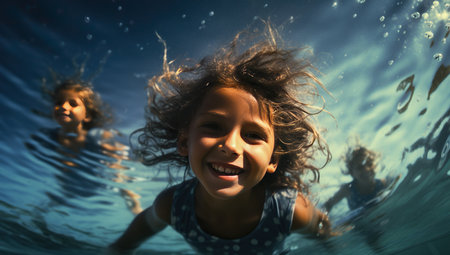 Young brunette girl with long hair smiling underwater, another child in the background.の素材