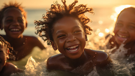 Happy dark-skinned teenage girl with long curly hair swimming at sunset.の素材