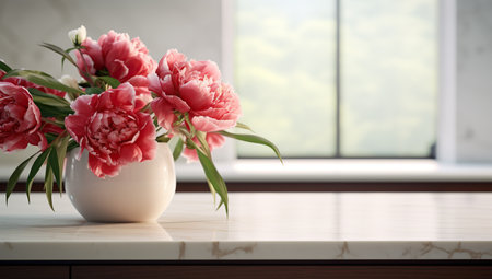 Vase with pink peonies on a marble surface by the window.の素材