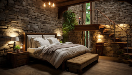 Room with stone wall, wooden loft, bed, and lighting.の素材