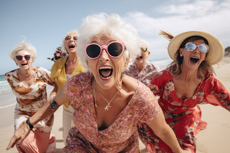 Four elderly Caucasian women laughing against the backdrop of the sea.の素材