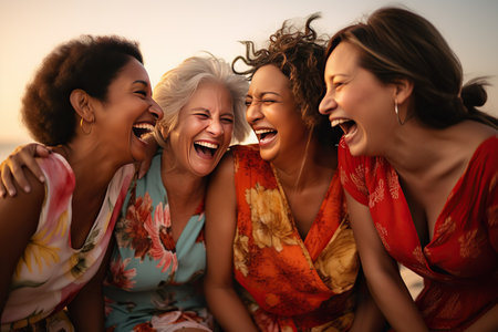 Four women of different nationalities and ages laughing and hugging at sunset.の素材