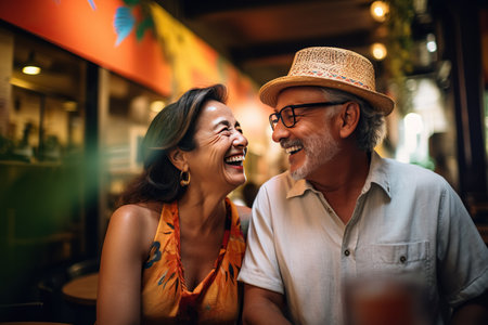 An elderly caucasian man and woman laughing in a cafe.の素材