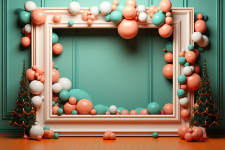 Green room decorated with balloons and small Christmas trees against the wall. Print frame mockupの素材