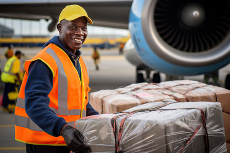 A black airport employee, a loader, stands near a large cargo, with an airplane engine in the background. The concept of air travel.の素材