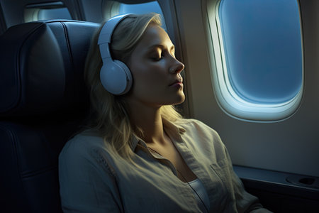 A woman with headphones is flying in an airplane near the window. The concept of air travel.の素材