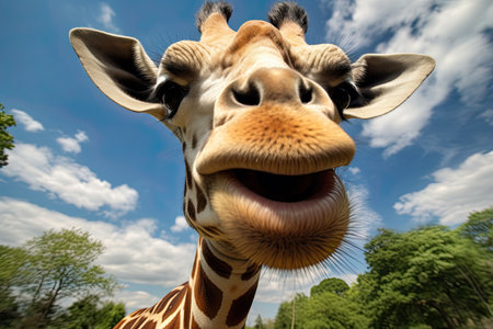 Giraffe close-up against the background of the forest and the sky. The creative concept of funny and cute animals.の素材