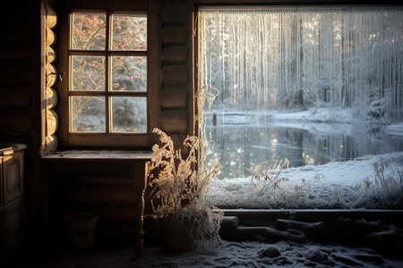 View from an abandoned wooden house on a snow-covered forest and lake.の素材