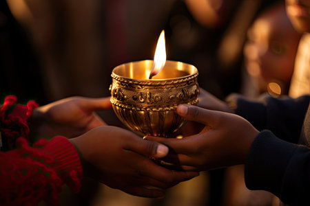 Celebration of Kwanzaa. Dark-skinned people hold a golden candlestick in which a candle burns.の素材