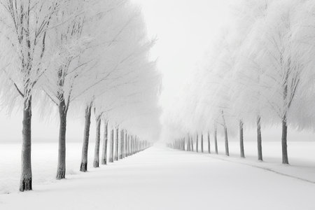 An alley with snow-covered trees. The concept of winter Christmas minimalism.の素材