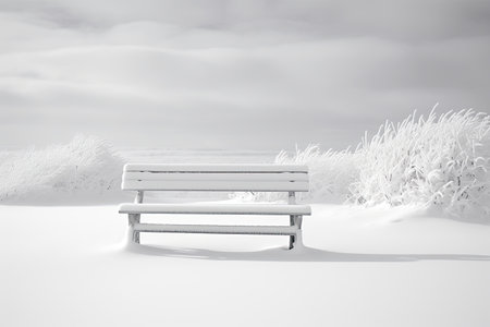 A snow-covered bench in winte There are bushes growing behind her. The concept of winter minir.malism.の素材